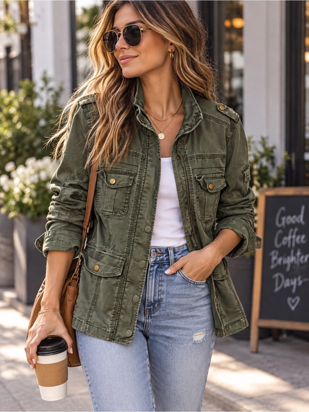 Kensie Olive Green Utility Jacket with Button Flap Pockets